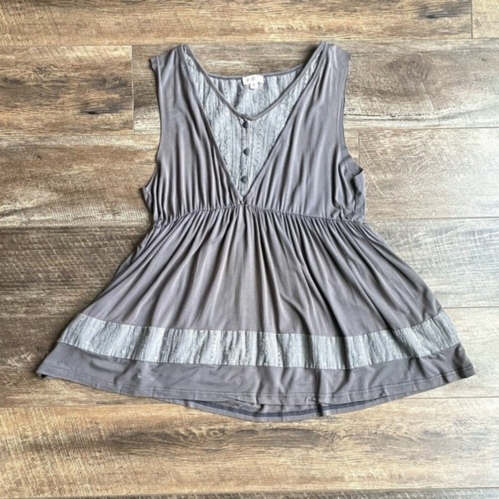 POL Button Front Sleeveless Raw Hem Racerback Top Grey Small